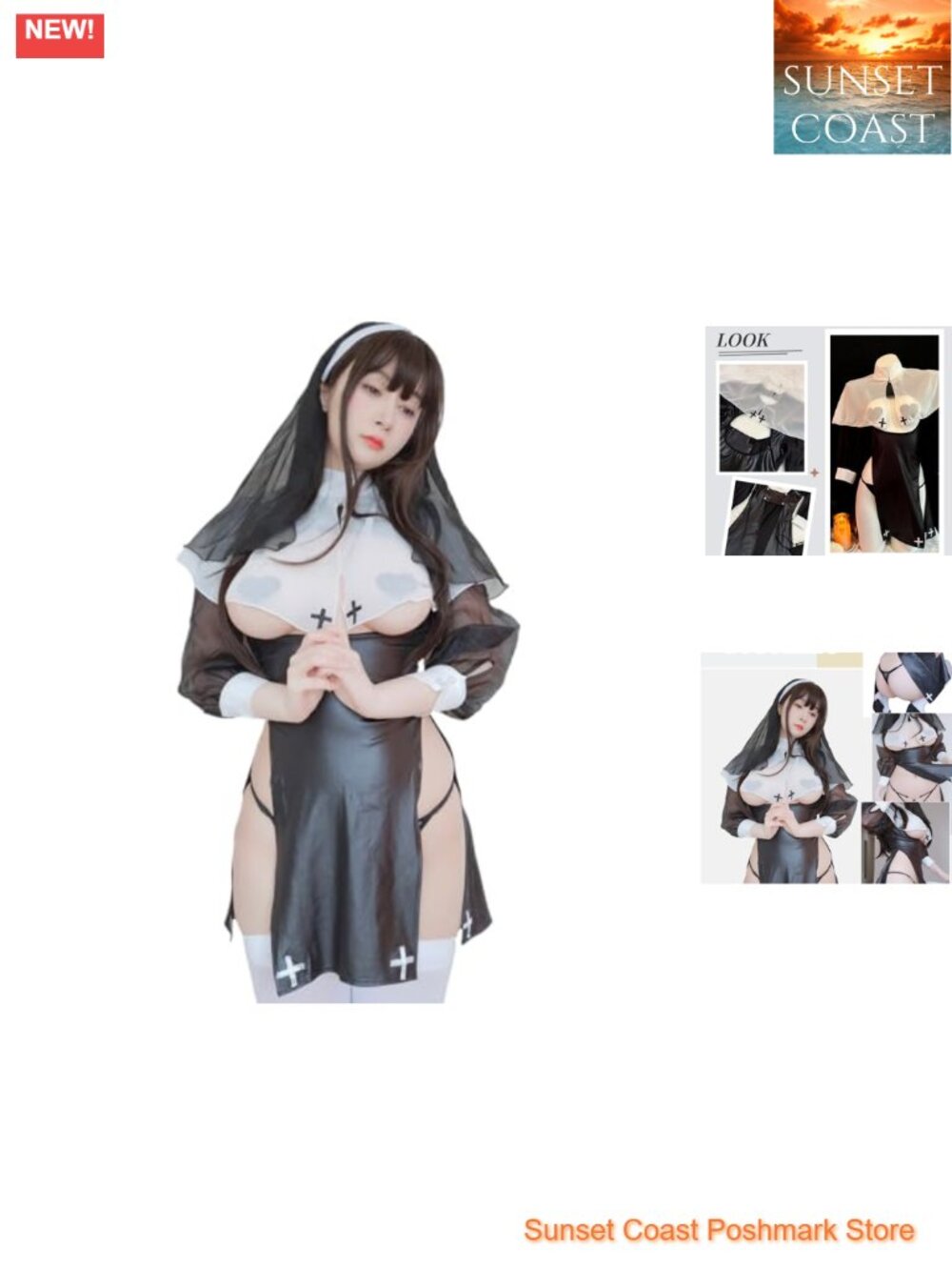 Sexy Nun Cosplay Set Veil Cape Dress Nylon Halloween Costume S-M